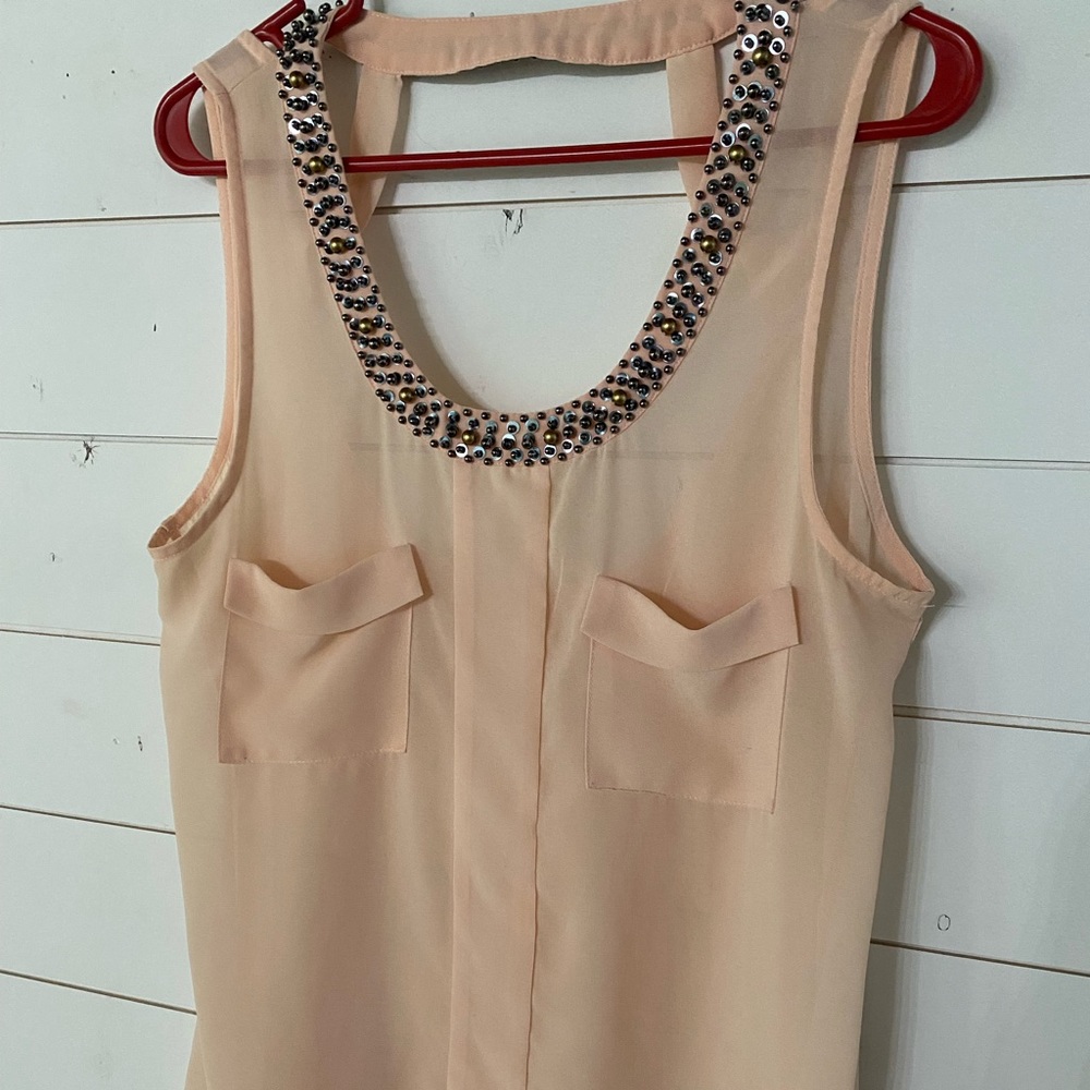 Sheer peach tank with beaded neck